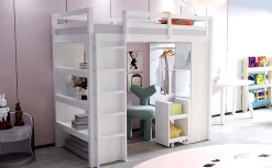 Redom Lit superposé 90x200 cm en bois massif avec étagères multiples et organiseur roulant amovible, blanc*Enfant Lit Enfant