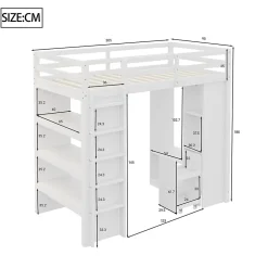 Redom Lit superposé 90x200 cm en bois massif avec étagères multiples et organiseur roulant amovible, blanc*Enfant Lit Enfant