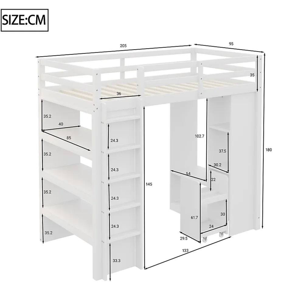 Redom Lit superposé 90x200 cm en bois massif avec étagères multiples et organiseur roulant amovible, blanc*Enfant Lit Enfant