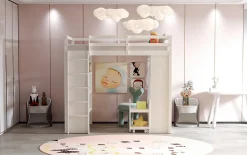 Redom Lit superposé 90x200 cm en bois massif avec étagères multiples et organiseur roulant amovible, blanc*Enfant Lit Enfant