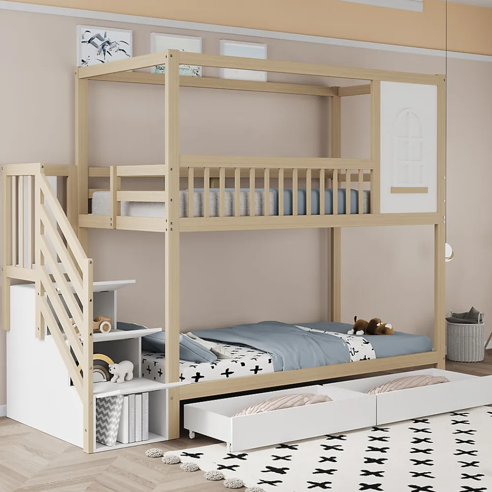 Lit superposé 90x200 cm en bois massif avec tiroirs de rangement et échelle intégrée sécurisée>Redom Online