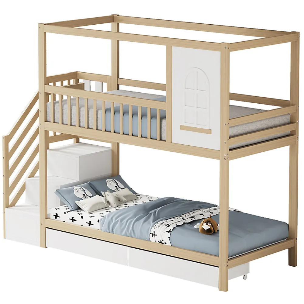 Lit superposé 90x200 cm en bois massif avec tiroirs de rangement et échelle intégrée sécurisée>Redom Online