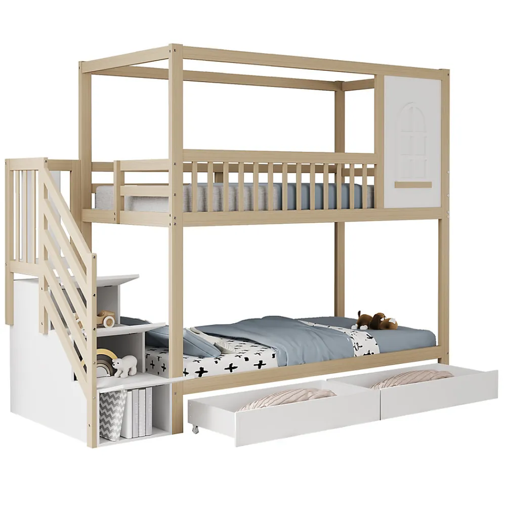 Lit superposé 90x200 cm en bois massif avec tiroirs de rangement et échelle intégrée sécurisée>Redom Online