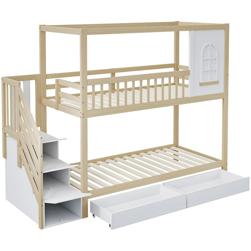 Lit superposé 90x200 cm en bois massif avec tiroirs de rangement et échelle intégrée sécurisée>Redom Online