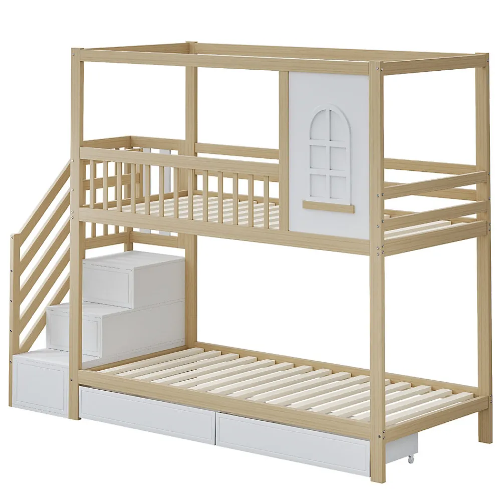 Lit superposé 90x200 cm en bois massif avec tiroirs de rangement et échelle intégrée sécurisée>Redom Online