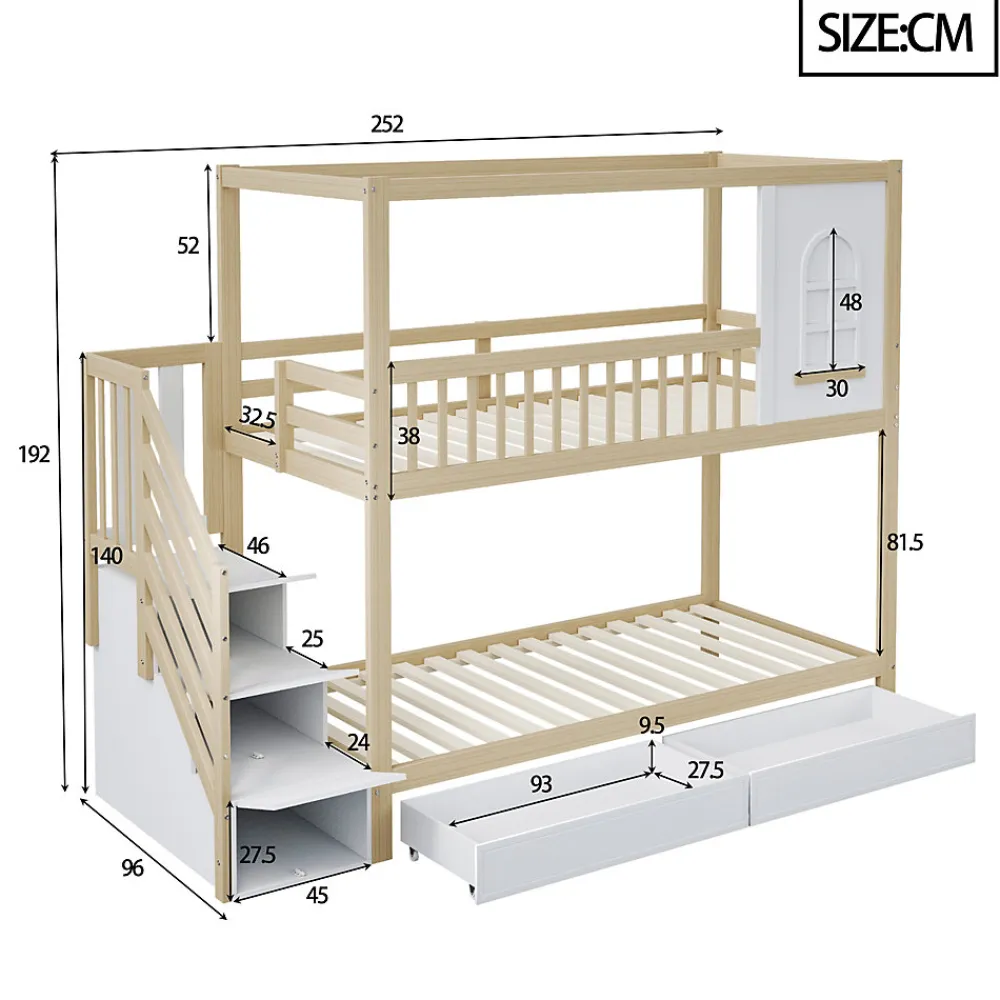 Lit superposé 90x200 cm en bois massif avec tiroirs de rangement et échelle intégrée sécurisée>Redom Online