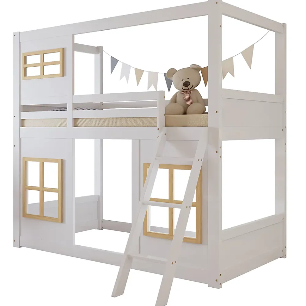 Okwish Lit superposé 90x200 cm enfant avec échelle sécurisée et barrières de protection, bois pin+MDF blanc+naturel*Enfant Lit Enfant