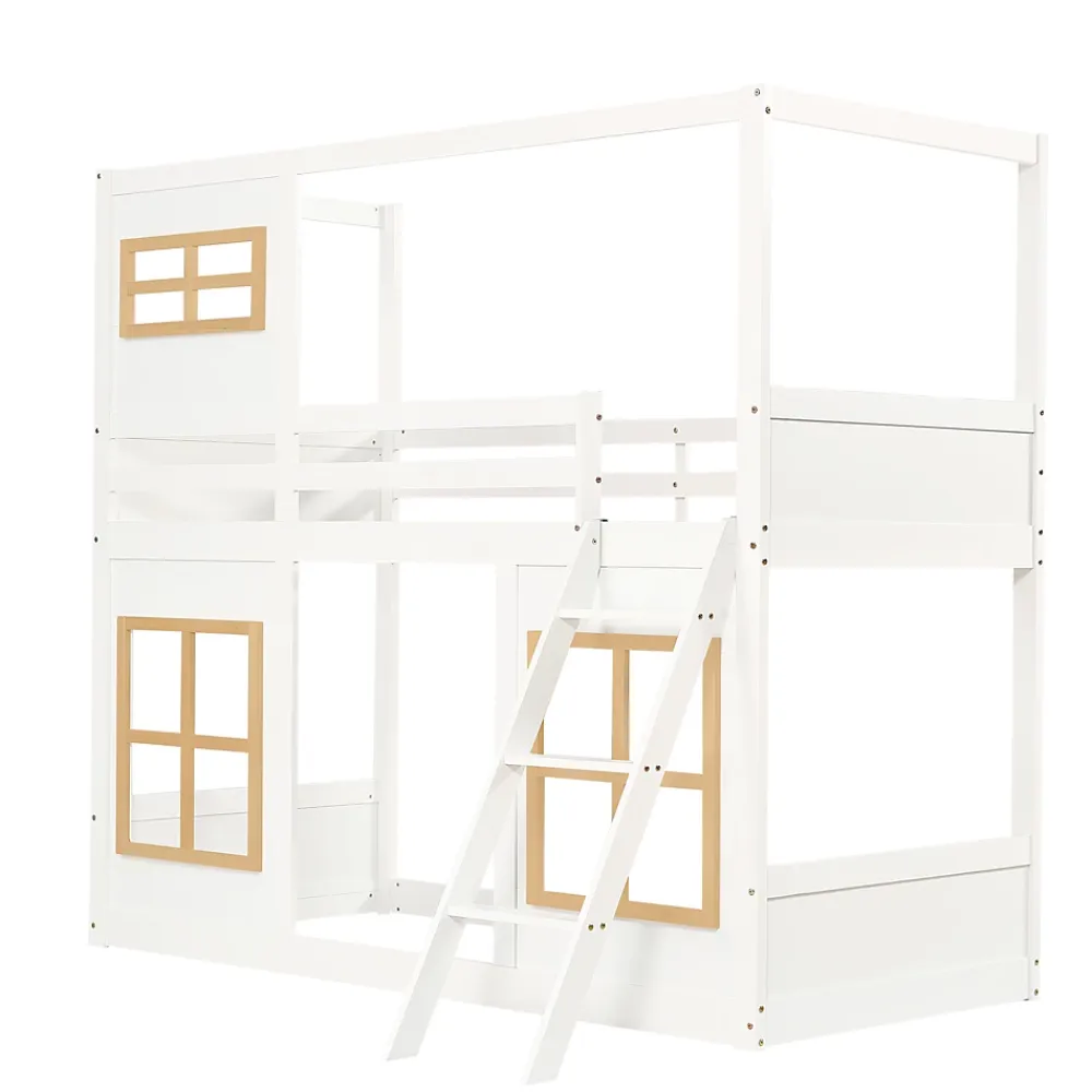 Okwish Lit superposé 90x200 cm enfant avec échelle sécurisée et barrières de protection, bois pin+MDF blanc+naturel*Enfant Lit Enfant