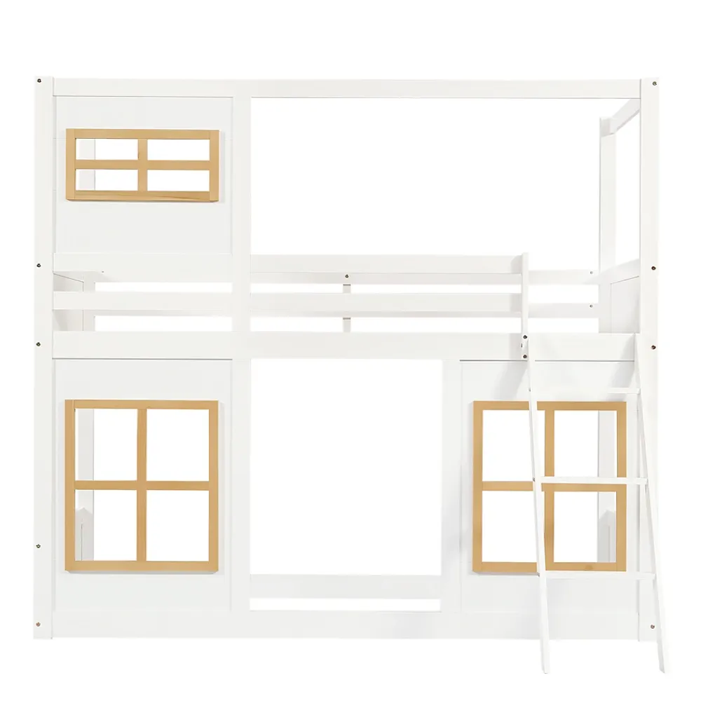 Okwish Lit superposé 90x200 cm enfant avec échelle sécurisée et barrières de protection, bois pin+MDF blanc+naturel*Enfant Lit Enfant