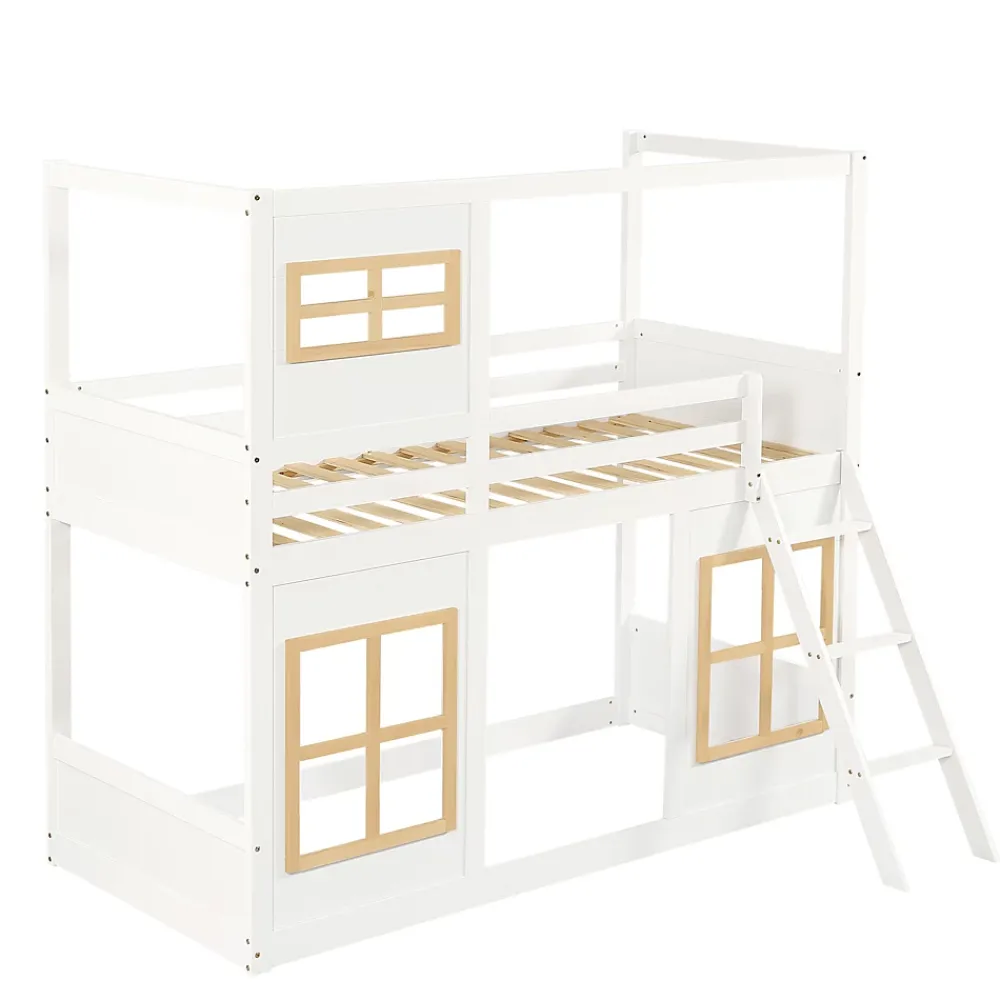Okwish Lit superposé 90x200 cm enfant avec échelle sécurisée et barrières de protection, bois pin+MDF blanc+naturel*Enfant Lit Enfant