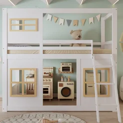 Okwish Lit superposé 90x200 cm enfant avec échelle sécurisée et barrières de protection, bois pin+MDF blanc+naturel*Enfant Lit Enfant