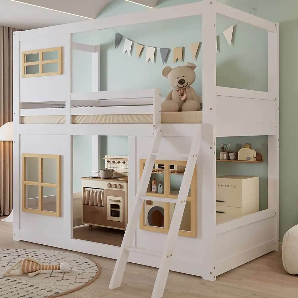 Okwish Lit superposé 90x200 cm enfant avec échelle sécurisée et barrières de protection, bois pin+MDF blanc+naturel*Enfant Lit Enfant