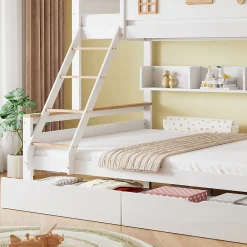 Lit superposé 90x200 cm, fenêtres, 4 étagères, sécurité, échelle 4 marches, cadre bois><noscript><img width=