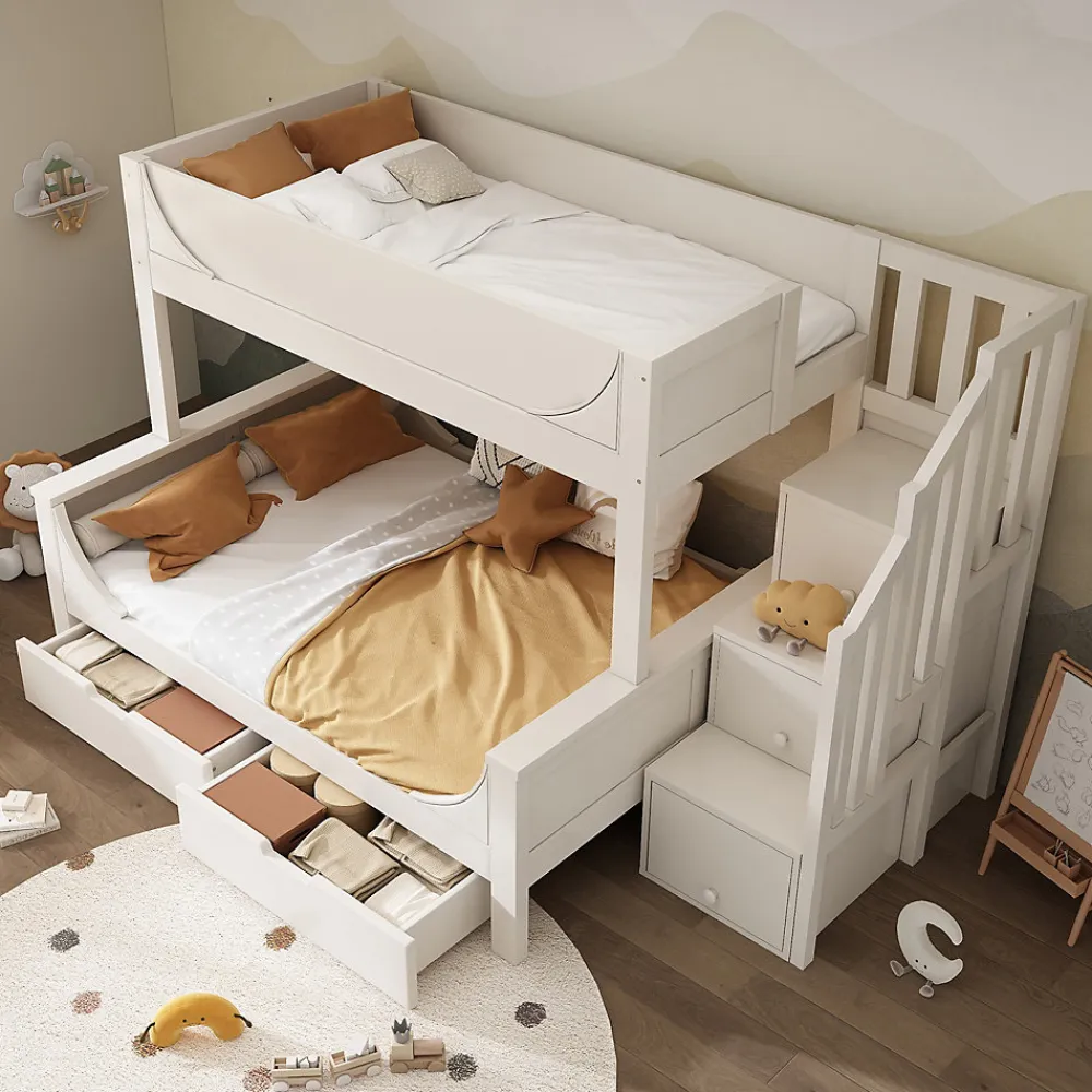 Lit Superposé 140x200 cm, Lit Enfant avec Échelle et Rangement Tiroirs, Bois Massif et MDF, Blanc>Okwish
