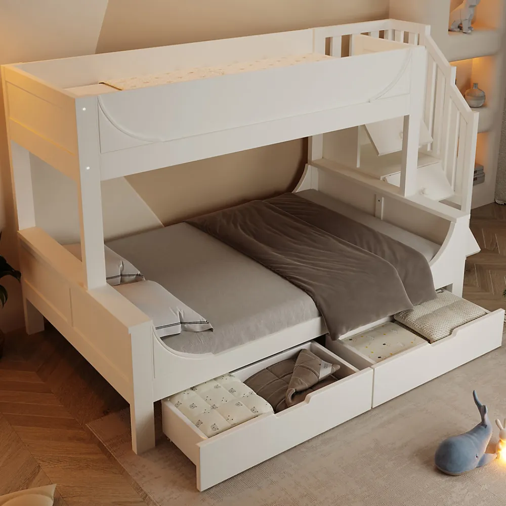 Lit Superposé 140x200 cm, Lit Enfant avec Échelle et Rangement Tiroirs, Bois Massif et MDF, Blanc>Okwish
