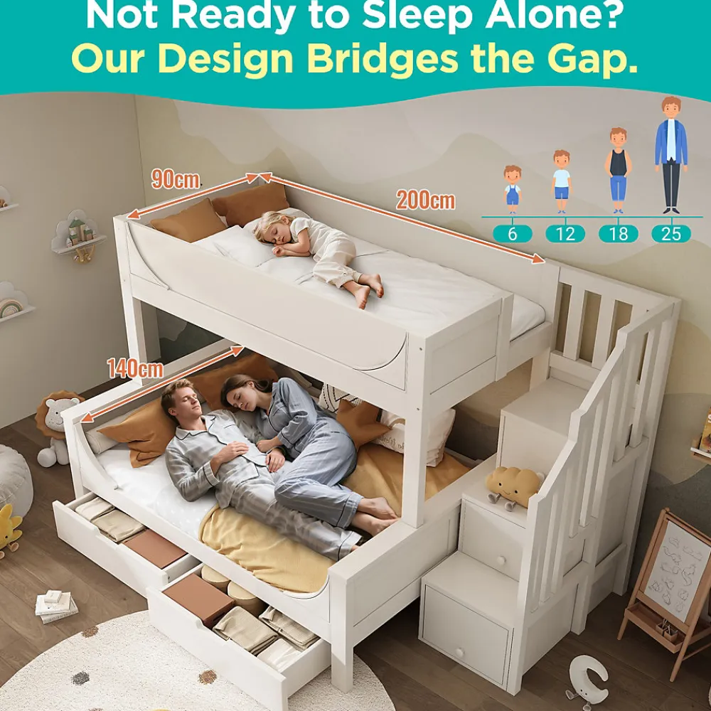 Lit Superposé 140x200 cm, Lit Enfant avec Échelle et Rangement Tiroirs, Bois Massif et MDF, Blanc>Okwish