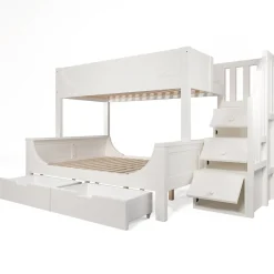 Lit Superposé 140x200 cm, Lit Enfant avec Échelle et Rangement Tiroirs, Bois Massif et MDF, Blanc><noscript><img width=