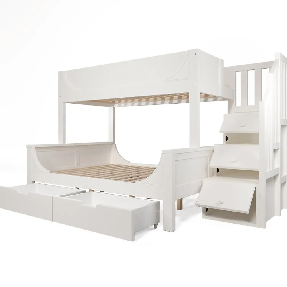 Lit Superposé 140x200 cm, Lit Enfant avec Échelle et Rangement Tiroirs, Bois Massif et MDF, Blanc>Okwish