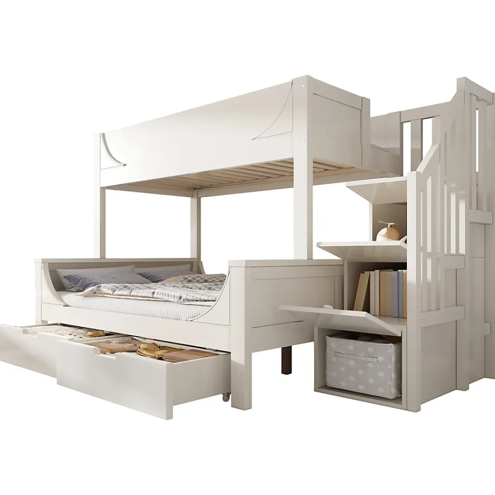 Lit Superposé 140x200 cm, Lit Enfant avec Échelle et Rangement Tiroirs, Bois Massif et MDF, Blanc>Okwish