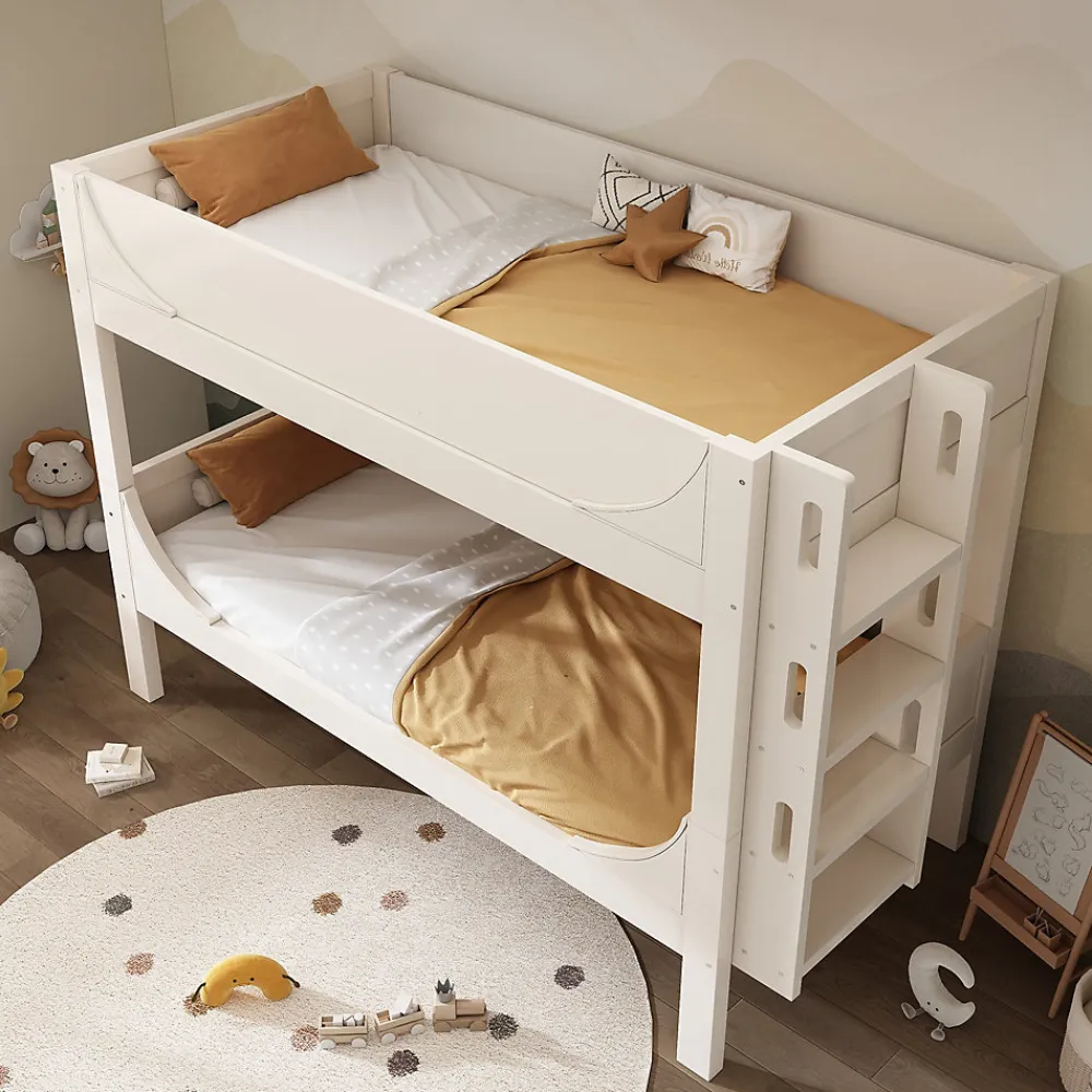 Lit Superposé 90x200 cm, Lit Enfant Démontable en 2 Lits Simples avec Échelle, Bois Massif + MDF, Blanc>Okwish New