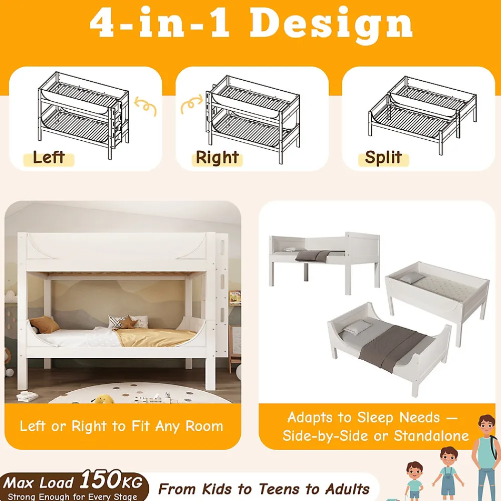 Lit Superposé 90x200 cm, Lit Enfant Démontable en 2 Lits Simples avec Échelle, Bois Massif + MDF, Blanc>Okwish New
