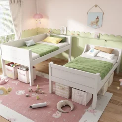 Lit Superposé 90x200 cm, Lit Enfant Démontable en 2 Lits Simples avec Échelle, Bois Massif + MDF, Blanc><noscript><img width=