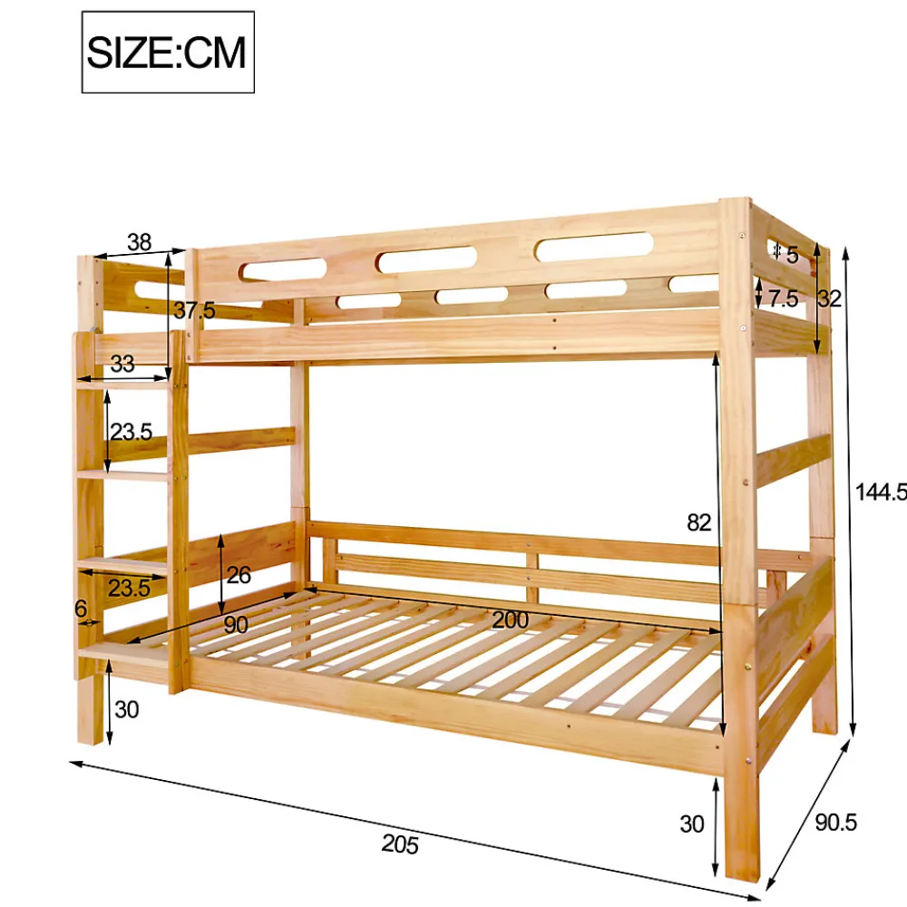 Lit superposé 90x200 cm naturel, 2 couchages, séparable en lits simples, cadre pin stable, sommier à lattes, montage facile>ProximaX Best