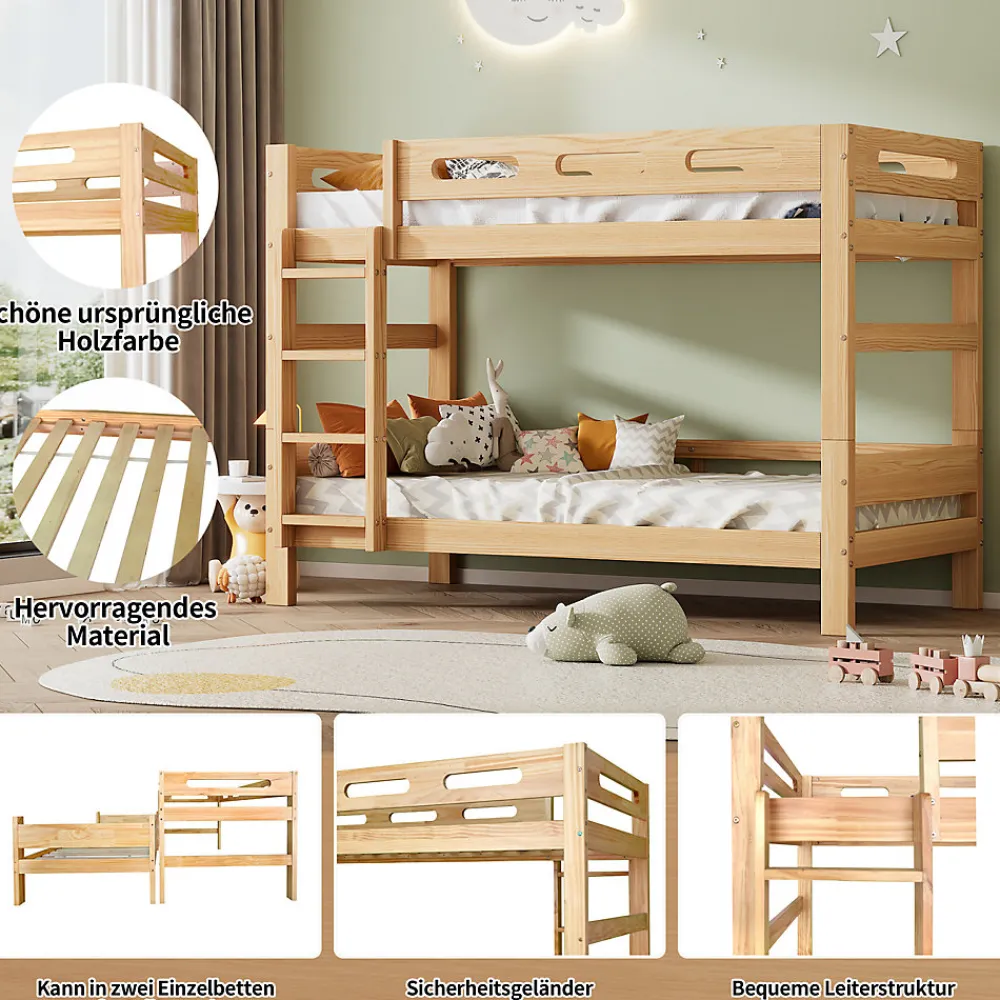 Lit superposé 90x200 cm naturel, 2 couchages, séparable en lits simples, cadre pin stable, sommier à lattes, montage facile>ProximaX Best