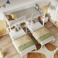 Lit superposé 90x200 cm pour 3 personnes avec échelle intégrée et tablette tête de lit, structure métal blanc><noscript><img width=