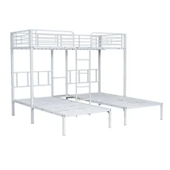 Lit superposé 90x200 cm pour 3 personnes avec échelle intégrée et tablette tête de lit, structure métal blanc><noscript><img width=