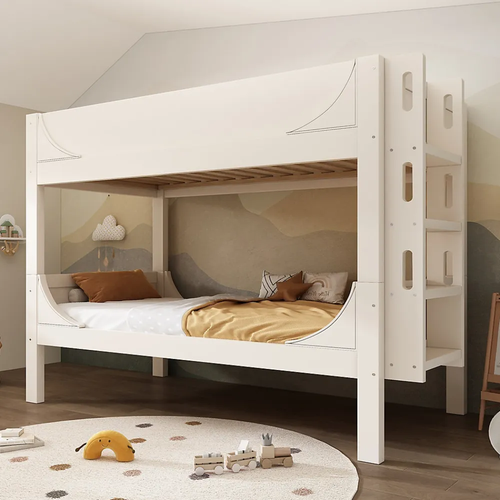 Lit superposé 90x200 cm séparables avec échelle amovible et design luge en bois et métal, blanc>Redom New