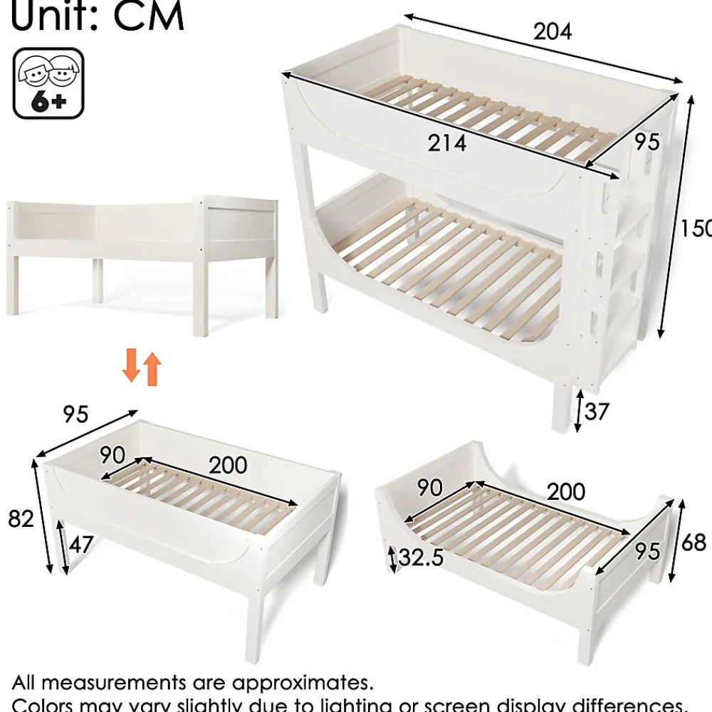 Lit superposé 90x200 cm séparables avec échelle amovible et design luge en bois et métal, blanc>Redom New