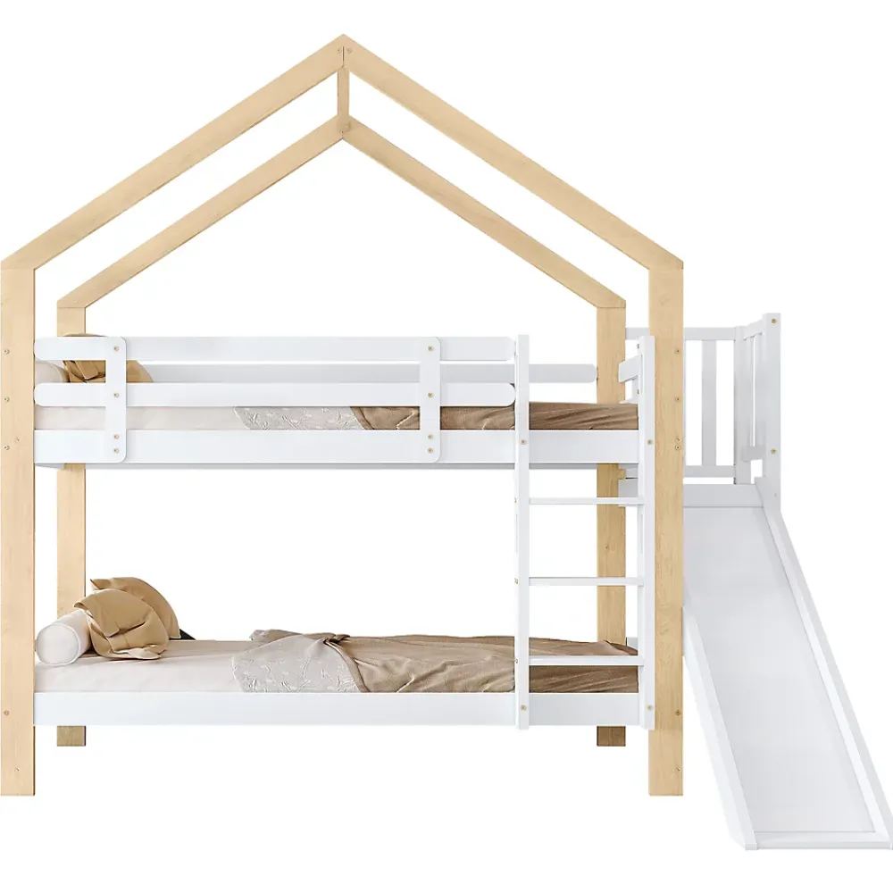Fortuna lai Lit superposé 90x200 cm, toboggan, échelle 3 marches, sécurité, cadre bois blanc,naturel*Enfant Lit Enfant