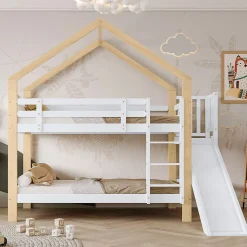 Fortuna lai Lit superposé 90x200 cm, toboggan, échelle 3 marches, sécurité, cadre bois blanc,naturel*Enfant Lit Enfant