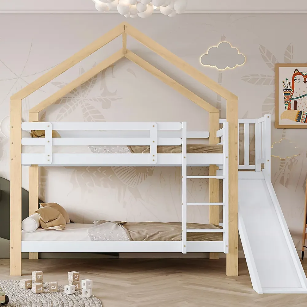 Fortuna lai Lit superposé 90x200 cm, toboggan, échelle 3 marches, sécurité, cadre bois blanc,naturel*Enfant Lit Enfant
