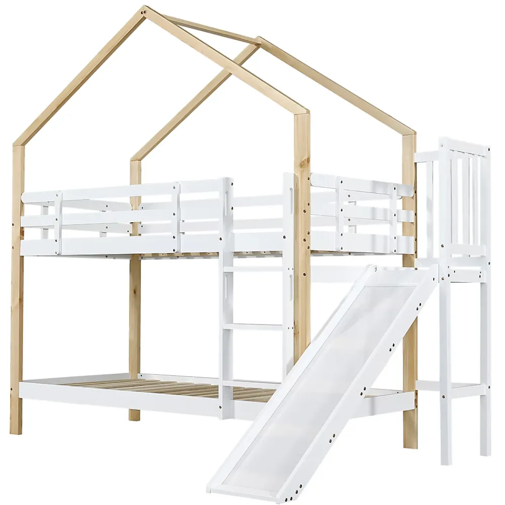 Fortuna lai Lit superposé 90x200 cm, toboggan, échelle 3 marches, sécurité, cadre bois blanc,naturel*Enfant Lit Enfant