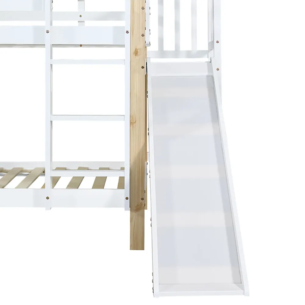 Fortuna lai Lit superposé 90x200 cm, toboggan, échelle 3 marches, sécurité, cadre bois blanc,naturel*Enfant Lit Enfant