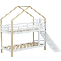 Fortuna lai Lit superposé 90x200 cm, toboggan, échelle 3 marches, sécurité, cadre bois blanc,naturel*Enfant Lit Enfant