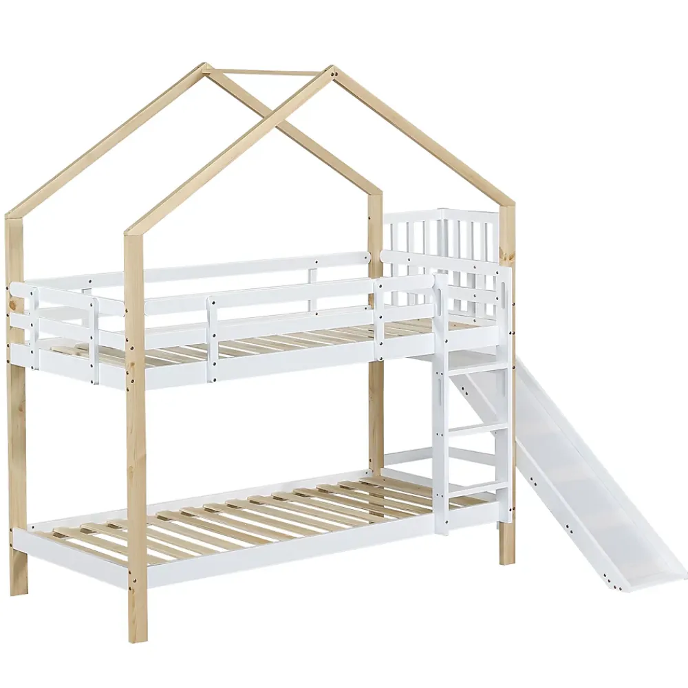 Fortuna lai Lit superposé 90x200 cm, toboggan, échelle 3 marches, sécurité, cadre bois blanc,naturel*Enfant Lit Enfant