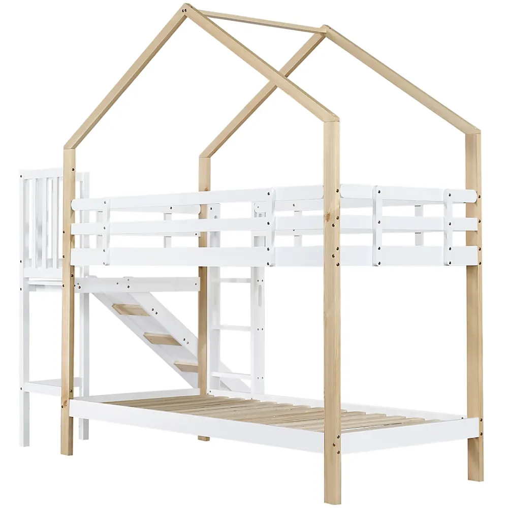 Fortuna lai Lit superposé 90x200 cm, toboggan, échelle 3 marches, sécurité, cadre bois blanc,naturel*Enfant Lit Enfant