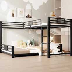 Okwish Lit Superposé 90x200 cm/140x200 cm - Lit en L pour 2 Enfants avec Échelle et Rangement, Sans Matelas, en Métal, Noir*Enfant Lit Enfant