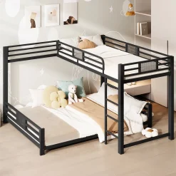 Okwish Lit Superposé 90x200 cm/140x200 cm - Lit en L pour 2 Enfants avec Échelle et Rangement, Sans Matelas, en Métal, Noir*Enfant Lit Enfant