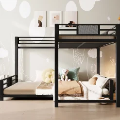 Okwish Lit Superposé 90x200 cm/140x200 cm - Lit en L pour 2 Enfants avec Échelle et Rangement, Sans Matelas, en Métal, Noir*Enfant Lit Enfant