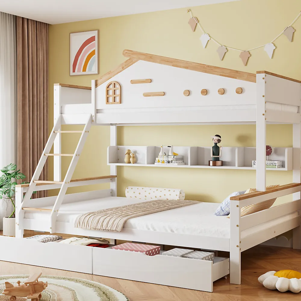 Lit superposé 90x200 et 140x200 cm enfant, 2 tiroirs, échelle et fenêtre, bois pin et MDF blanc et naturel sans matelas>Okwish Best