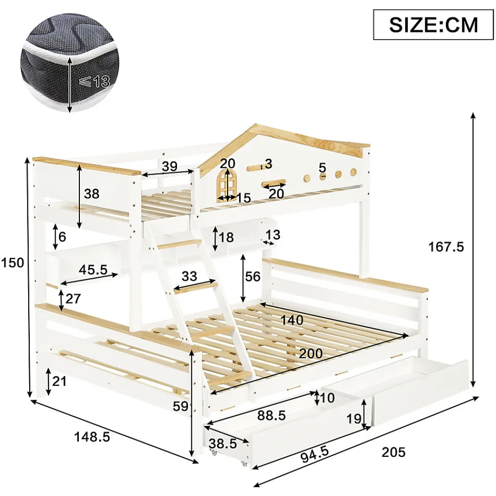 Lit superposé 90x200 et 140x200 cm enfant, 2 tiroirs, échelle et fenêtre, bois pin et MDF blanc et naturel sans matelas>Okwish Best