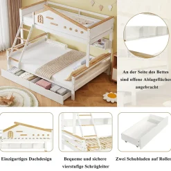 Lit superposé 90x200 et 140x200 cm enfant, 2 tiroirs, échelle et fenêtre, bois pin et MDF blanc et naturel sans matelas><noscript><img width=