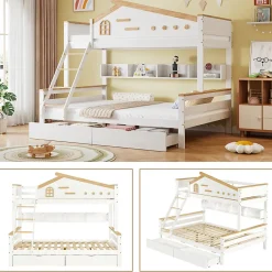 Lit superposé 90x200 et 140x200 cm enfant, 2 tiroirs, échelle et fenêtre, bois pin et MDF blanc et naturel sans matelas><noscript><img width=
