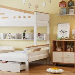 Lit superposé 90x200 et 140x200 cm enfant, 2 tiroirs, échelle et fenêtre, bois pin et MDF blanc et naturel sans matelas><noscript><img width=
