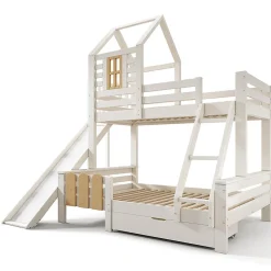 Lit superposé 90x200 et 140x200cm, lit mezzanine pour enfant avec tiroir, toboggan et échelle, design cabane><noscript><img width=