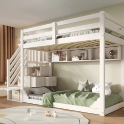 Lit superposé 90x200cm avec escalier de rangement et étagères - 2 tiroirs - Bois massif+panneaux de particules - Blanc>ModernLuxe Discount